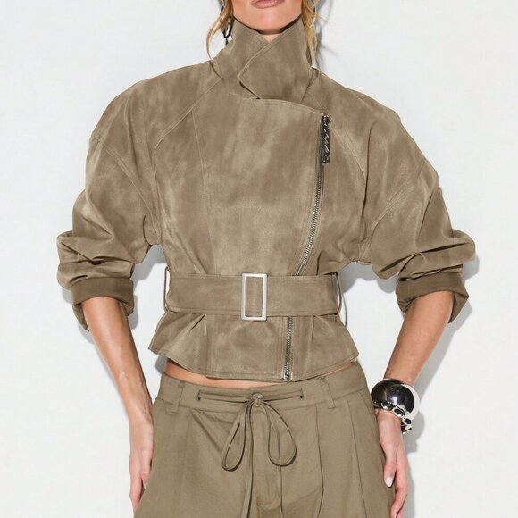 Jackets & Blazers - Brown Casual Women's Cropped Biker Suedette Jacket